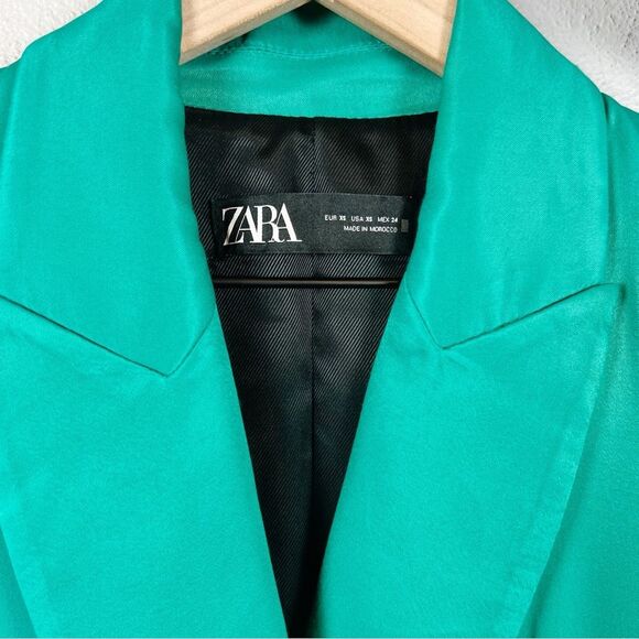 ZARA Green Satin Double-Breasted Feather Cuff Blazer Size X-Small - Picture 6 of 9